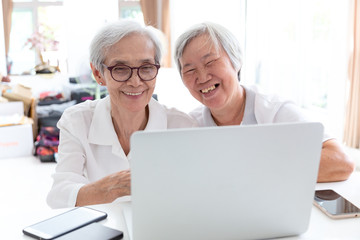 Happy two senior asian woman,sisters or friends talking and enjoying using laptop computer together at home,smiling elderly people and her friendship holding each other,technology and friend concept