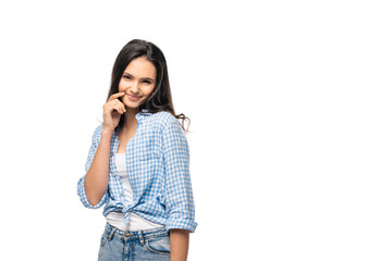 beautiful smiling girl touching face and looking at camera Isolated On White