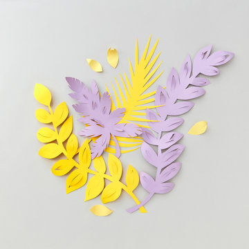 Handmade plant origami from pink and yellow paper with exotic tr