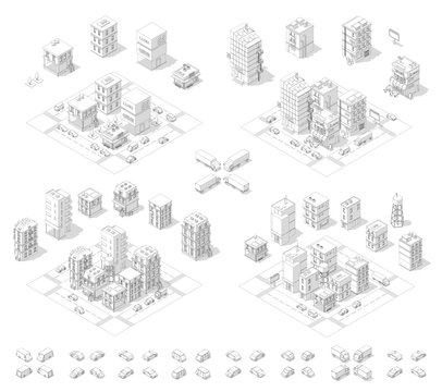 City isometric set. Cityscape infrastructure quarter. Town houses and streets with cars. Urban low poly. Gray lines outline contour style.