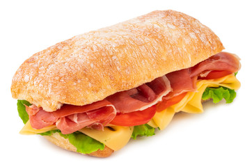 Ciabatta sandwich with lettuce, tomatoes prosciutto and cheese isolated on white background
