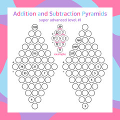 Addition and Subtraction Pyramid Set. Educational Math Game Worksheet. Mathematics puzzle. Vector Illustration.