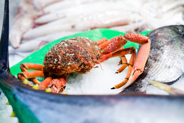 Fresh fish and seafood market with crab.
