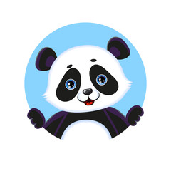 Cute Panda Bear Round Avatar. Blue Background. Vector Illustration.
