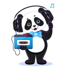 Cute Panda Bear With Headphones and Cassette Audio Player. Vector Illustration.