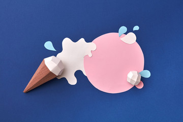 Ice cream origami from colored paper with round frame and milk s