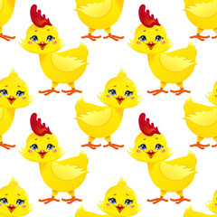 Cute chick and chicken seamless pattern. Vector illustration.