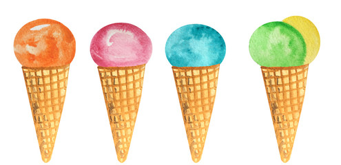 set of colorful ice cream in a waffle cone. watercolor illustration for design