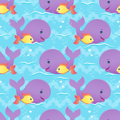 Fototapeta na wymiar Whale and fish best friends seamless pattern. Vector illustration.