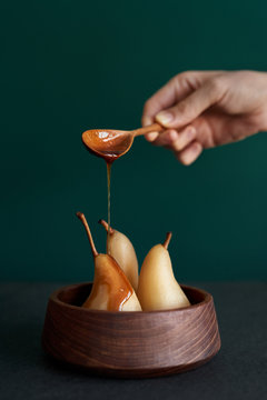 Delicious caramel poached pears fruit dessert