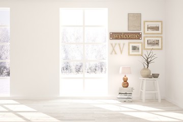 Mock up of empty room in white color with winter landscape in window. Scandinavian interior design. 3D illustration