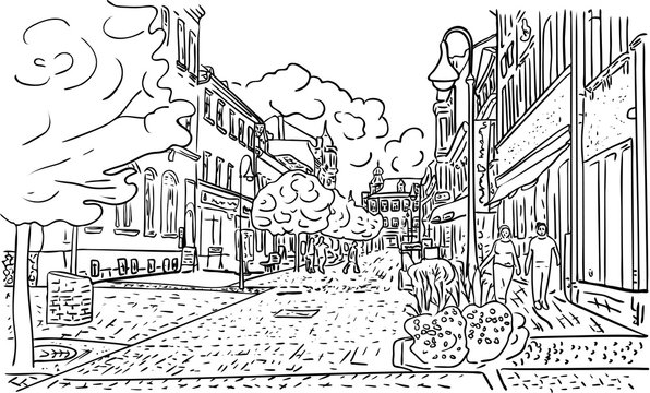 Vector illustration, city landscape with old street, trees, buildings and people in black and white colors, outline hand painted drawing