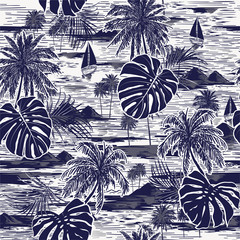 Materiał do szycia Monotone vector hand drawn on navy blue seamless island pattern on white background.
