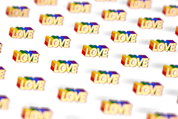 Closeup shot on Golden LOVE word with rainbow outline pattern. June as a month of gay pride and love concept. Isolated on white background. 3D rendering