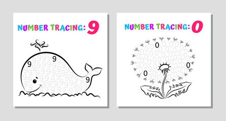 Number Tracing Worksheet. Coloring Book Page. Math Game. Writing Skills Educational Exercise. Vector illustration.
