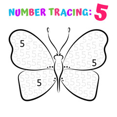 Number Tracing Worksheet. Coloring Book Page. Math Game. Writing Skills Educational Exercise. Vector illustration.