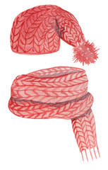 set of red knitted hat and scarf on a white background. watercolor illustration for design