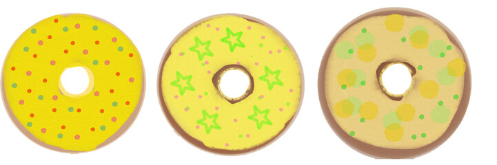 A set of three donuts with yellow icing. raster illustration for design