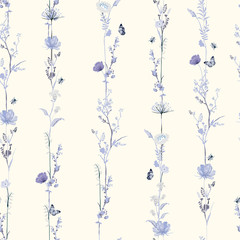 Monotone gentle blue Seamless pattern in vector stylish illustration Stripe vertical row garden flower botanical