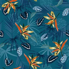 Behang Stijlvolle naadloze patroon vector donkere tropische jungle en monotone palmbladeren, exotische palnts met huid van een proefdier bloemdessin © MSNTY_STUDIOX