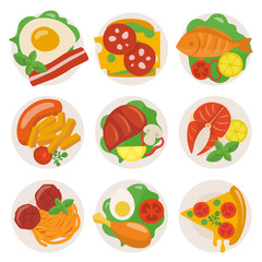 Vector food icons set meat and fish dishes