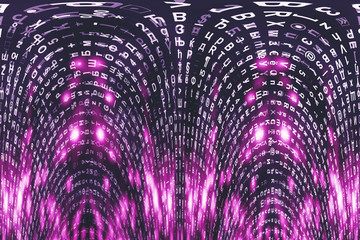 Pink matrix digital background. Distorted cyberspace concept. Characters fall down. Matrix from symbols stream. Virtual reality design. Complex algorithm data hacking. Pink digital sparks.