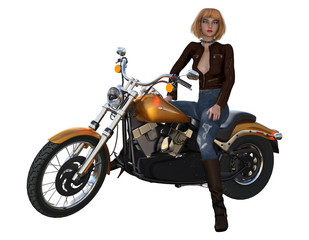 3d rendering of girl rider on motorcycle isolated on white background