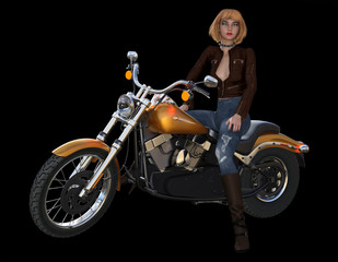 3d rendering of girl rider on motorcycle isolated on black background