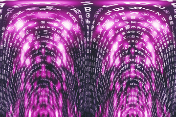 Pink matrix digital background. Distorted cyberspace concept. Characters fall down. Matrix from...