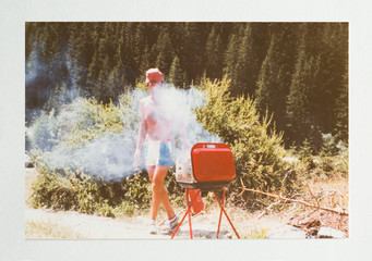 Man in the seventies doing a barbecue