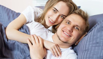 Portrait Happy couple bed bedroom in the morning, happy family, healthy sleep concept