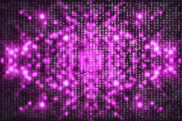 Pink matrix digital background. Abstract cyberspace concept. Characters fall down. Matrix from symbols stream. Virtual reality design. Complex algorithm data hacking. Pink digital sparks.