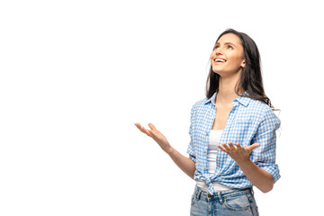 happy girl looking up and gesturing with hands Isolated On White