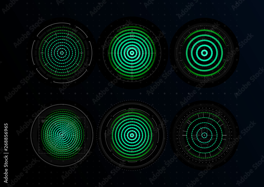 Poster digital security system icons set. fingerprint, green holographic concentric circles. identity graph