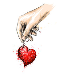 Human hand holds red heart. Hand-drawn sketch color drawing on white background with splashes of watercolor.