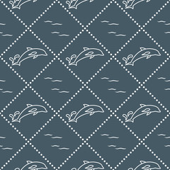 Seamless pattern with dolphins, splashes and waves