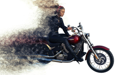 Obraz na płótnie Canvas 3d rendering of girl rider on motorcycle isolated on white background .simulating speed 