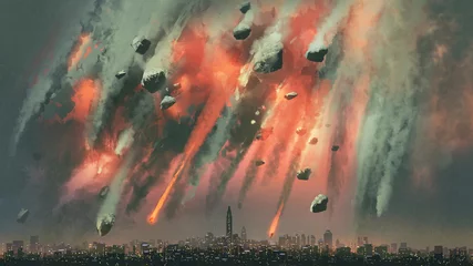 Papier Peint photo Grand échec scène de science-fiction des météorites explose dans le ciel au-dessus de la ville, style art numérique, peinture d& 39 illustration