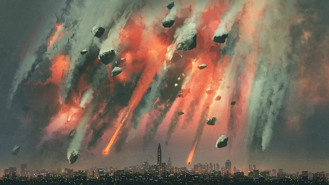 Fototapeta Scena science-fiction Meteoryty spadające z nieba na miasto ścienna