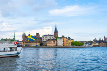 Fototapeta premium Stockholm, Sweden. Riddarholmen - part of the historical Old Town (Gamla Stan) in Stockholm. Cityscape of Gamla Stan Old Town Stockholm. View of the capital of Sweden.