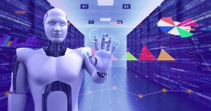 Futuristic Advanced Humanoid Robot Controlling And Monitoring Servers. Artificial Intelligence Related 4K Animation.