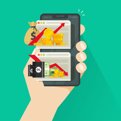 Stock charts on smartphone vector illustration, flat cartoon trader checking global economic financial trends via mobile phone, stocks market growth or loss graphs on cellphone