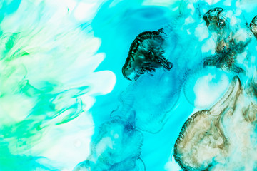 Watercolor and acrylic abstract. Colorful background. Mix, splashes and drawings of colors: blue,...