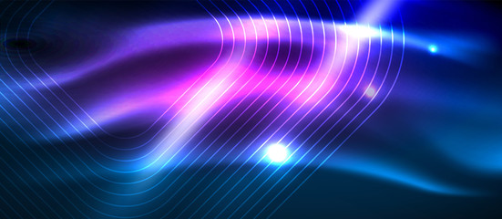 Neon glowing techno lines, hi-tech futuristic abstract background template with square shapes