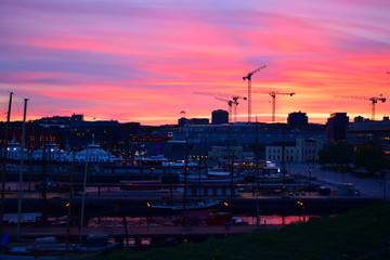 sunset at marina in Oslo Norway red color 