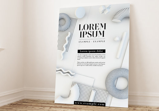Black and White Poster Layout with 3D Geometric Shapes