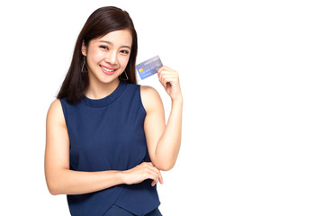 Happy Asian woman holding credit card or cash advances, Pay instead of money and specially curated benefits for lady card concept