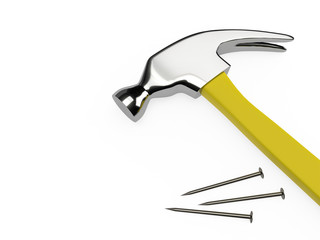Closeup shot of hammer and nails on a white background. 3D rendering