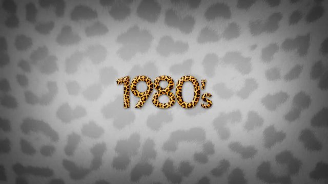 1980's eighties leopard print title logo with a zoom effect on a grey leopard print background