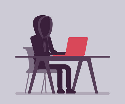 Anonymous man with hidden face at laptop. Hacker dark abstract body, covered with hood, online person not identified by name, unknown faceless user, incognito with evil intentions. Vector illustration